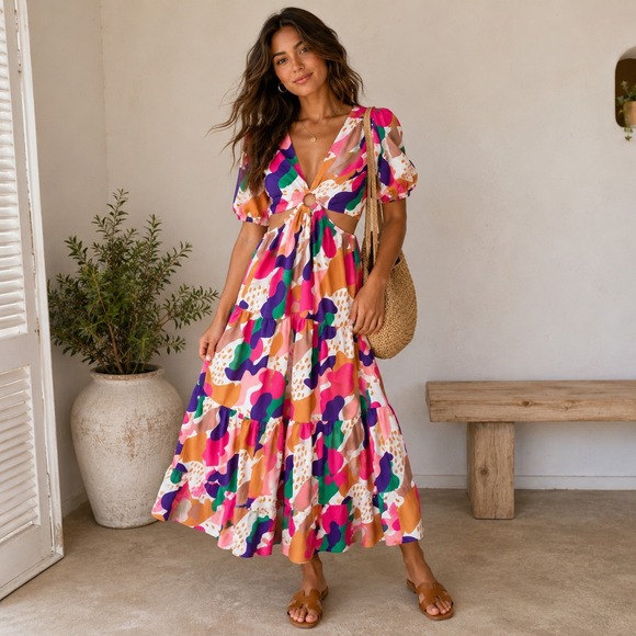Peach Love California Dresses & Skirts - Peach Love California L Abstract Side Cutout Tiered Maxi Dress Puff Sleeve Boho